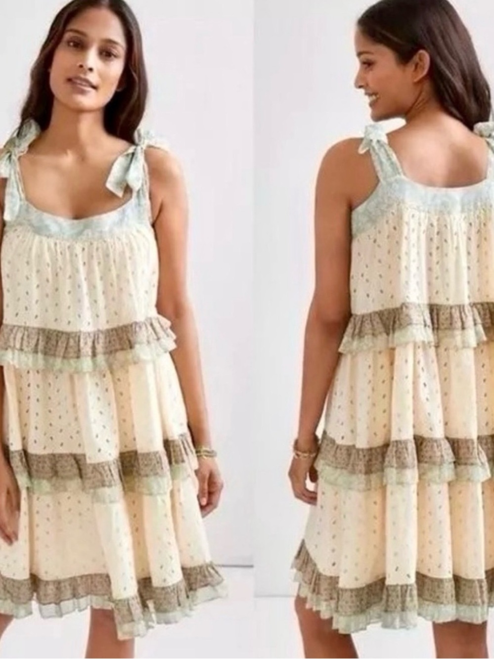 Anthropologie Cream Mini Dress with Mint Trim and Brown Ruffle Accents